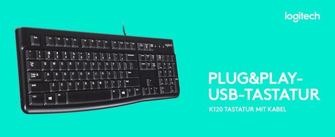 Logitech K120 Kabelgebundene Tastatur für Windows,USB, Leises Tippen, Spritzwassergeschützt Schwarz