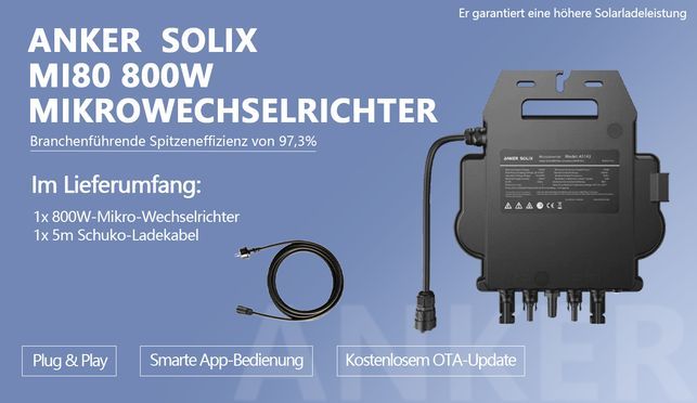 Wandler ANKER SOLIX MI80 800W Mikrowechselrichter mit Schuko Kabel 0%