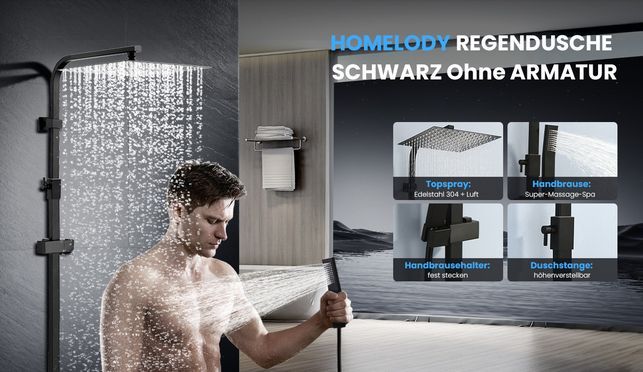 HOMELODY Schwarz Regendusche ohne Armatur – mit Massage Handbrause