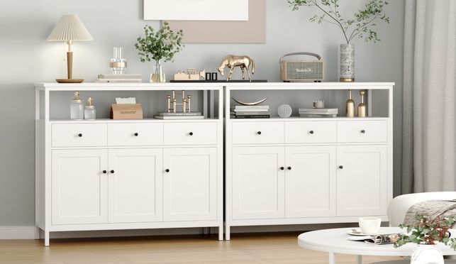 Homfa Sideboard Küchenschrank mit 3 Schubladen 3 Türen in weiß