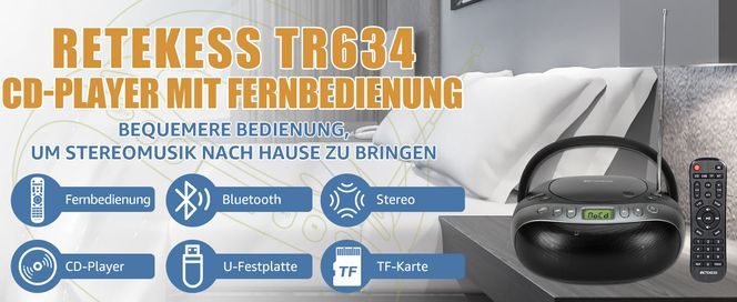 Retekess TR634 Tragbarer CD Player, Boombox mit Bluetooth Radio