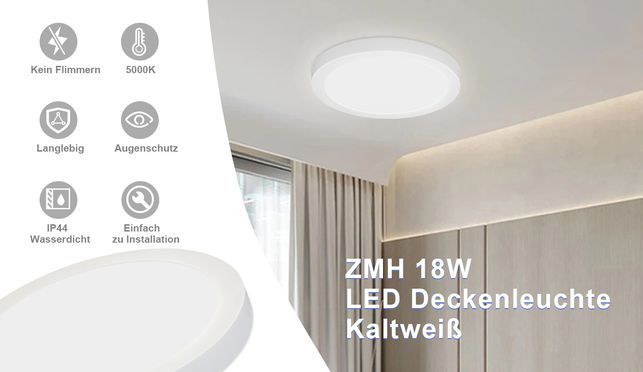 ZMH LED Deckenleuchte IP44 5000K kaltweiß für Whonzimmer 