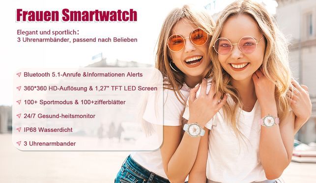 Smartwatch Damen mit Telefonfunktion,24/7 Pulsuhr Schlafmonitor SpO2 Menstruationszyklus