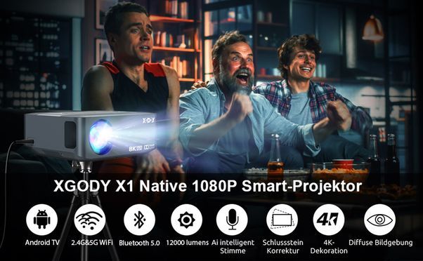 XGODY tragbarer Smart Projektor X1 Native 1080p Android TV 9.0 Bluetooth 5G Wifi 12000 Lumen