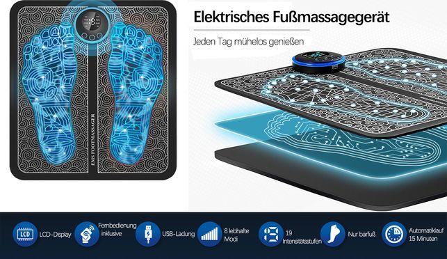 Fußmassagegerät, 8 Modi und 19 Intensitätsstufen, Faltbar und Tragbar, USB Ladeanschluss