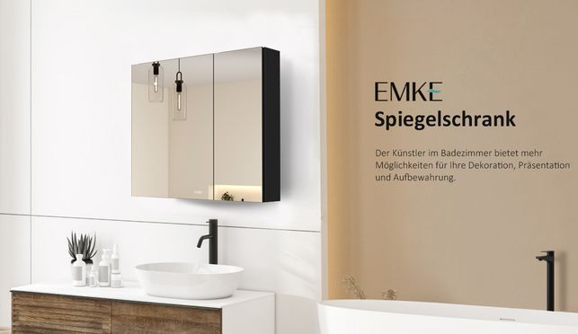 EMKE Badspiegelschrank Verstellbare Trennwand Zweitüriger Spiegelschrank mit Doppelseitigem Schwarz