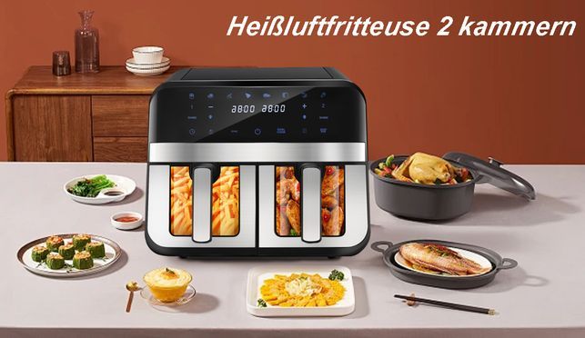 Heißluftfritteuse | Doppel Fritteuse mit 2 x 4,5 Liter | 8 Programme | Touch Control | 2600 Watt