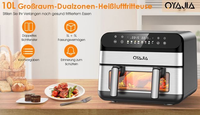 Heißluftfritteuse 10L Airfryer, 2 Kammern mit herausnehmbarem Trenner, energiesparend