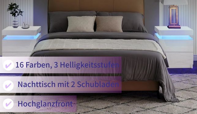 2 Stück Nachttisch,Moderner Hochglanz Vorderkommode mit 2 Schubladen und LED Lichtern