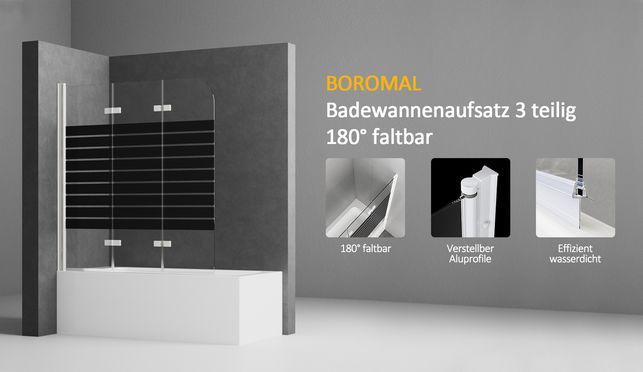 BOROMAL Badewannenaufsatz 3 teilig Schwarz Milchglas+Weiß Profil 6mm Sicherheitsglas