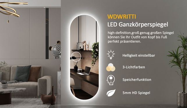 WDWRITTI LED Ganzkörperspiegel Rundbogen mit 10x Lupe 150x50cm