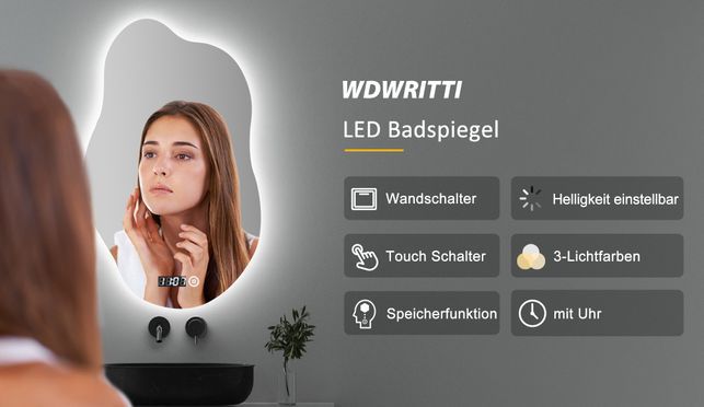 WDWRITTI Design LED Multifunktionspiegel mit Uhr Wolke 52x85cm