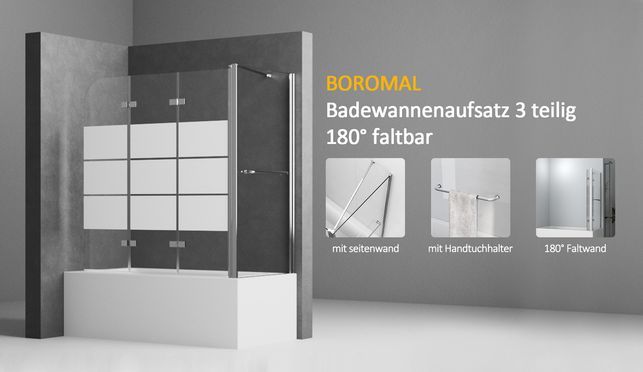 BOROMAL3 teilig Faltwand Milchglas mit seitenwand & Handtuchhalter 6mm ESG