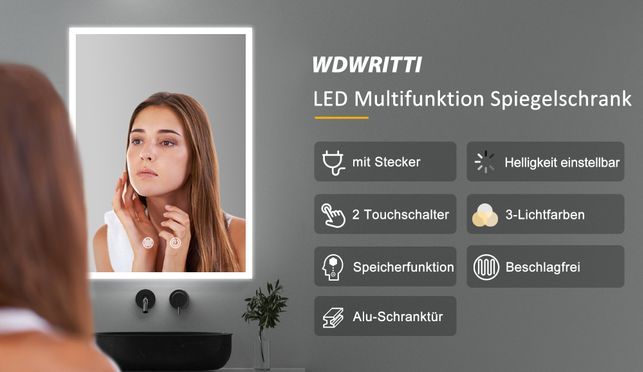 WDWRITTI LED Multifunktion Spiegelschrank mit Speicherfunktion IP44