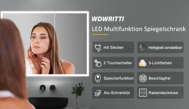 WDWRITTI LED Multifunktion Spiegelschrank mit Speicherfunktion IP44