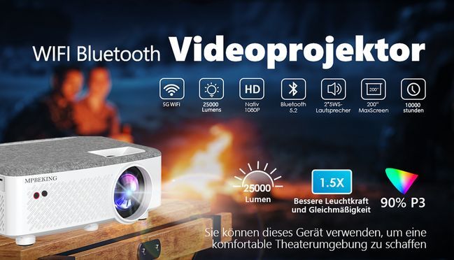 1080P/25000L Video Beamer, 5D Konfokal + KI Kalibrierung, WiFi 6/4K+3D Video, Dual Bluetooth