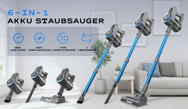 Akku Staubsauger, Ultraleichter 6 in 1 Staubsauger kabellos beutellos, Handstaubsauger 