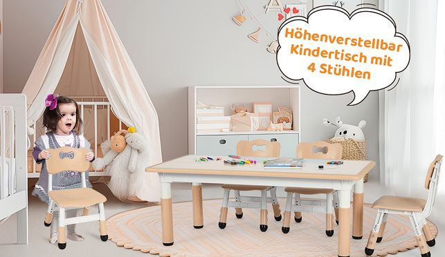  Kindertisch mit 4 Stühlen Höhenverstellbar Kindertischgruppe