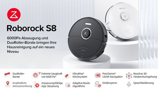 Roborock Saugroboter S8, 69 W, 6000 pa, Reactive 3D-Hindernisumgehung, Upgrade von Roborock S7