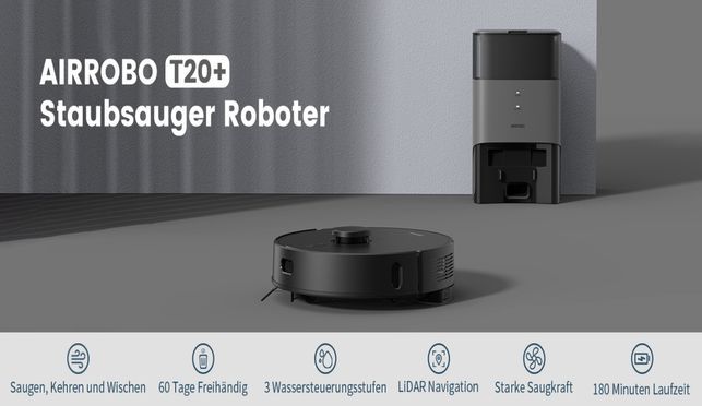 AIRROBO T20 Saugroboter mit Wischfunktion, 3.5L Staubsauger Roboter mit Absaugstation, 180Min Laufze