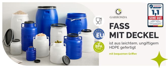 Fass mit Deckel ist aus leichtem, ungiftigem HDPE gefertigt, mit bequemen Griffen