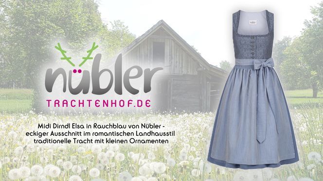 Midi Dirndl Elsa in Rauchblau von Nübler traditionelle Tracht mit kleinen Ornamenten