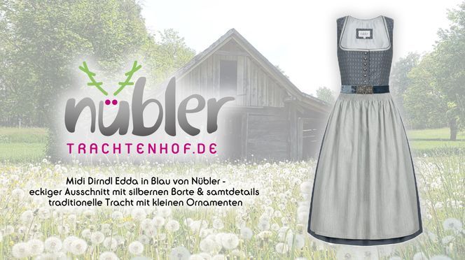 Midi Dirndl Edda in Blau von Nübler traditionelle Tracht mit kleinen Ornamenten