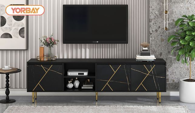 Großer TV Schrank für 90 Zoll Fernseher in modernem Schwarz Gold Design