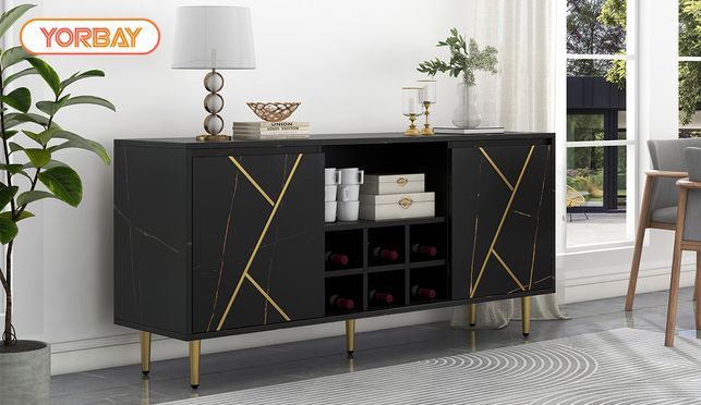 Eleganter Beistellschrank in Schwarz Gold mit Weinregal und praktischem Design