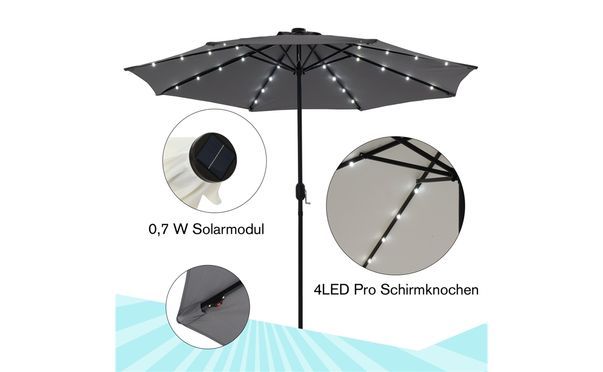 Sonnenschirm Ø300 cm mit LED-Beleuchtung in Grau