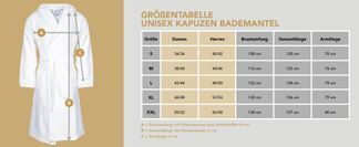 GRÖßENTABELLE UNISEX KAPUZEN BADEMANTEL