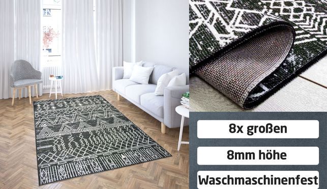 Wohnzimmer Teppich Skandinavien Design Schwarz 8mm Flach Waschbar Läufer Carpet