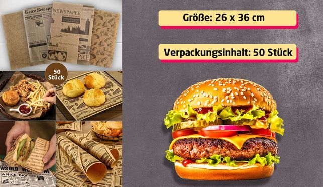 Vintage Backpapier Hamburgerpapier Einschlagpapier Zeitung Fettdicht 26x36 cm