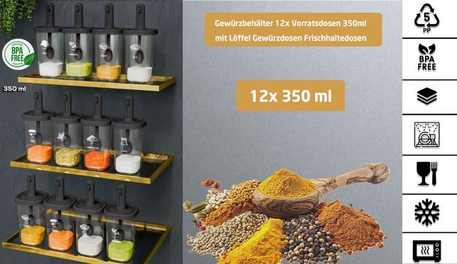 Gewürzbehälter 12x Vorratsdosen 350ml mit Löffel Gewürzdosen Frischhaltedosen