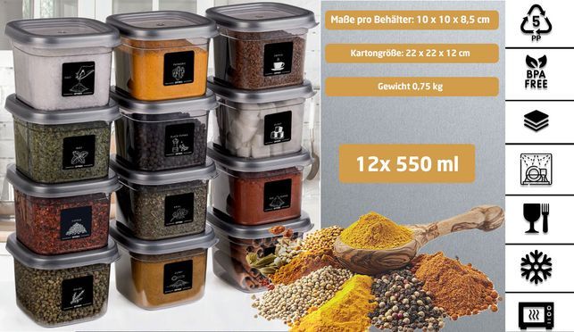 Gewürzbehälter 12x Gewürzdosen Vorratsdosen Aufbewahrungsbox 550ml Vorratsgläser