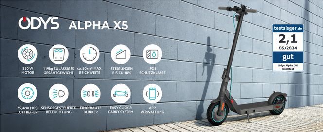 Odys E Scooter ALPHA X5, 10 Zoll Luftreifen, ca.40 50Km Reichweite, duales Bremssystem