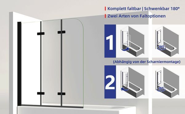 IMPTS Duschwand für Badewanne 3 teilig Faltwand Aufsatz 180° Duschwand Duschabtrennung 6mm Nano Glas