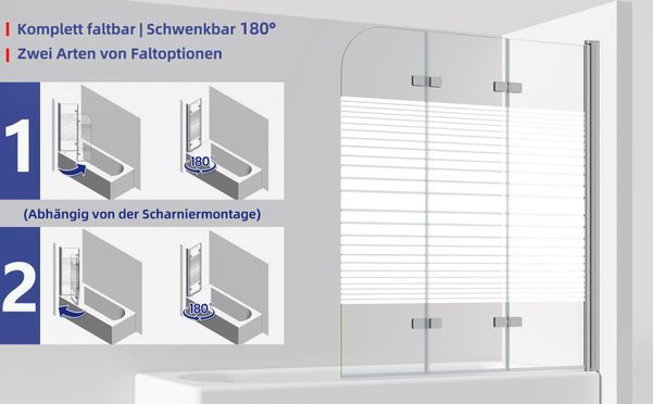 IMPTS Duschwand für Badewanne 3 teilig Faltwand Aufsatz 180° Duschwand Duschabtrennung 6mm Nano Glas