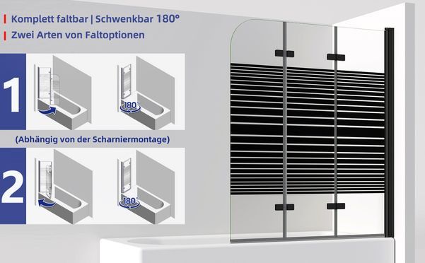 IMPTS Duschwand für Badewanne 3 teilig Faltwand Aufsatz 180° Duschwand Duschabtrennung 6mm Nano Glas