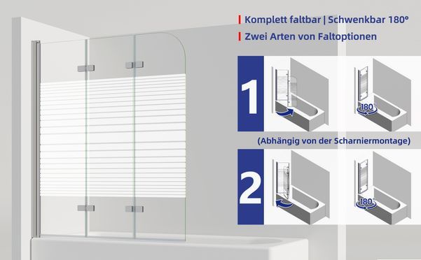 IMPTS Duschwand für Badewanne 3 teilig Faltwand Aufsatz 180° Duschwand Duschabtrennung 6mm Nano Glas