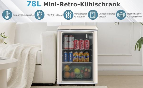 78L Retro Mini Kühlschrank, LED Licht, verstellbare Einlegeböden, Kompressor Kühlung, 43dB leiser Be