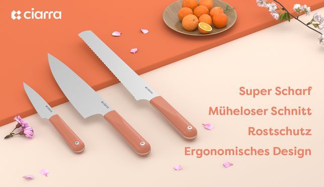 Ciarra Beyond Messer Set 3tlg Chefmesser Brotmesser Allezweckmesser mit Ergonomisches Handgriff