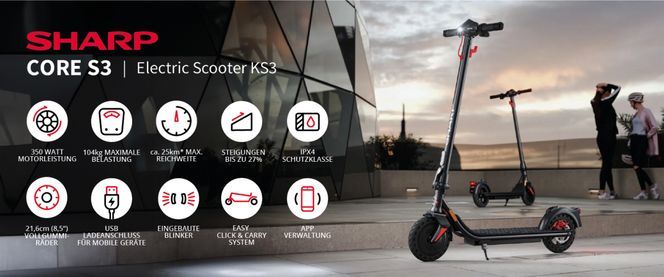 Sharp E Scooter S3, bis 25km Reichweite, IPX4, LED Display, App, USB Anschluss mit Ladefunktion