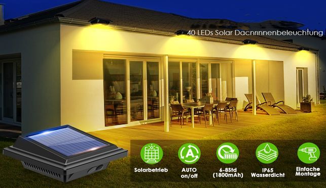 40LEDs Solarlampen für Außen Dachrinnenleuchte Lichtsensor Gartenbeleuchtung Zaunlicht Wegeleuchten