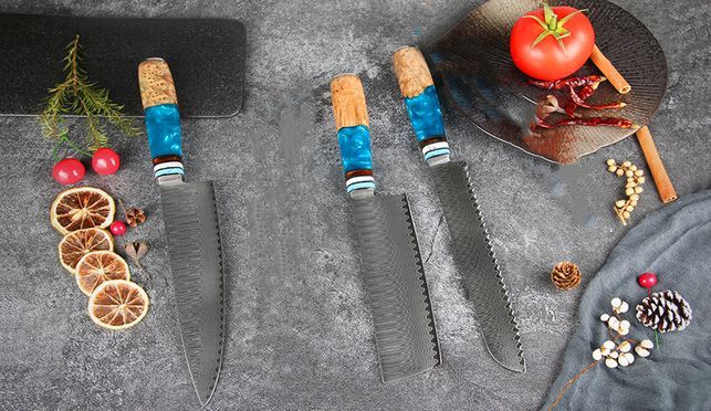 3 Teilig Küchenmesser set 67 Schichten Damaststahl Chefmesser, Nakirimesser, Brotmesser