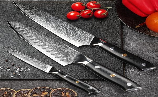 3 Teilig, Professionelles Damaszener Stahl Kochmesser Set Chefmesser Santokumesser Allezweckmesser