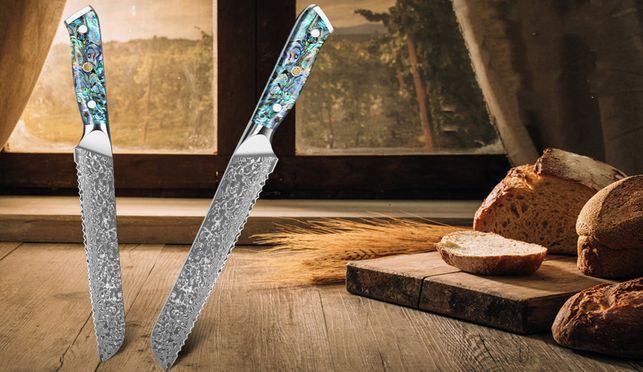 Damast Brotmesser aus VG10 Damaststahl mit Abalone Muschel Griff