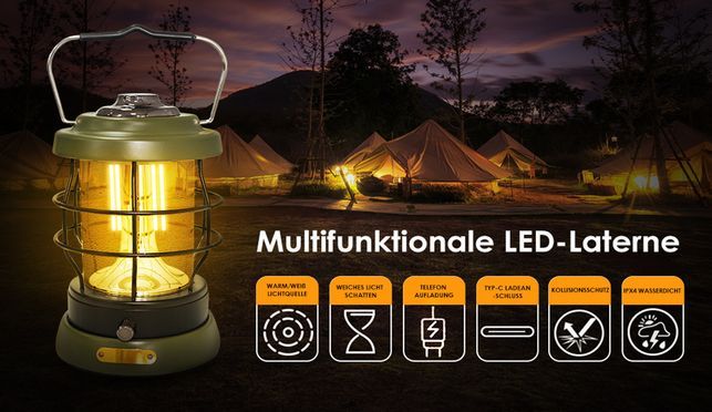 Campinglampe LED Latern im Retro Stil Styfenlos Dimmbar, Notstrombank USB Wiederaufladbar 