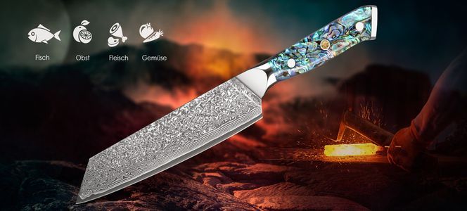 Uber das Damast Kiritsuke messer aus 67 Lagen Damaststahl mit Abalone Muschel Griff