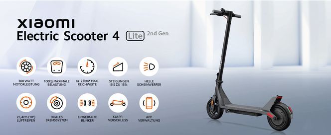 Xiaomi E Scooter 4 Lite(2Gen),max. 25Km/h Reichweite, 10 Zoll Luftreifen, mit Straßenzulassung(ABE)